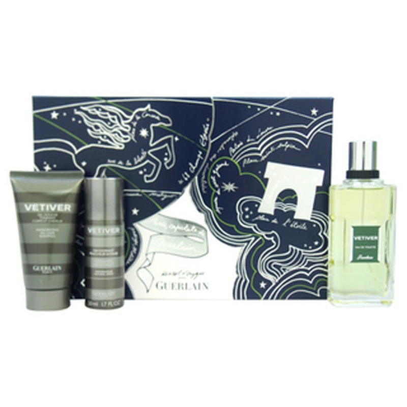 Guerlain Vetiver Gift Set by Guerlain 3 Piece Gift Set: 3.4 Oz. Eau De Toilette Spray + 1.7 Oz. Deodorant Spray + 2.5 Oz. Shampoo. For Men