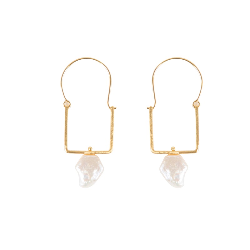 Square Hoops with Baroque Pearl, Gold tone. Handmade