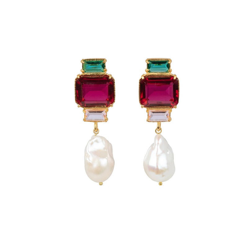 Fuschia & Green Crystals with a Pearl Drop. Gold tone.