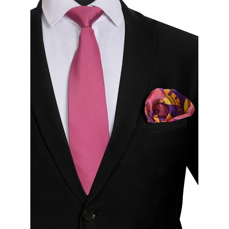Chokore Pink color silk tie & Magenta & Orange Pure Silk Pocket Square set