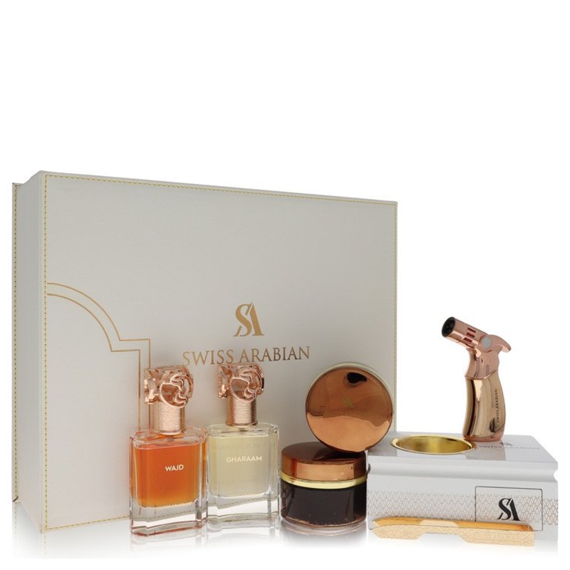 Swiss Arabian Bakhoor Dukhoon Al Haram by Swiss Arabian Gift Set — Gift Set contains 2 x 1.7 oz Eau De Parfum in Wajd & Gharaam + 2 x 60 grams of Incense in Dukhoon Al Haram & Oud Muattar Mumtaz for Men – Premium Designer Fragrance