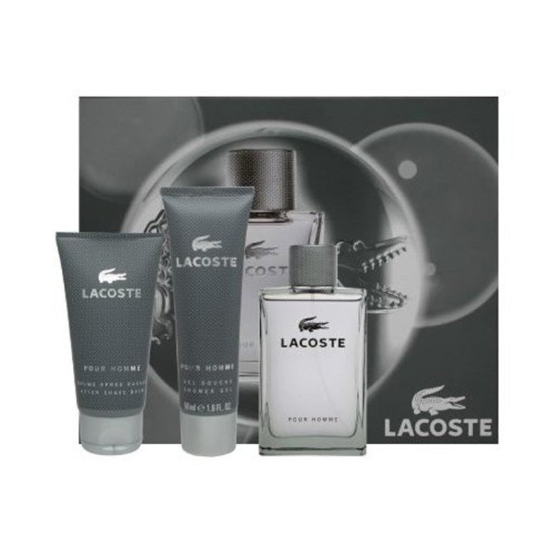 Lacoste Pour Homme Gift Set by Lacoste 3 Piece Gift Set: 3.3 Oz Eau De Toilette Spray + 2.5 Oz After Shave Balm + 1.6 Oz Shower Gel. For Men