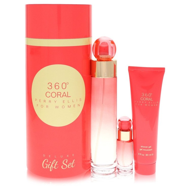 Perry Ellis 360 Coral by Perry Ellis Gift Set From Women Gift Set — 3.4 oz Eau de Parfum Spray + .25 oz Mini EDP Spray + 3 oz Shower Gel