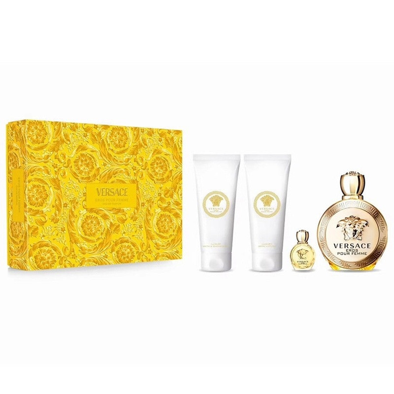 Versace Eros Femme 4PCS Gift Set – 100ML EDP Spray + 100ML Bath & Shower Gel + 100ML Body Lotion + 5ML EDP Spray (Women)