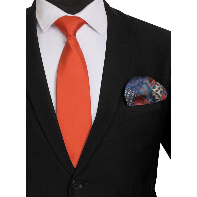 Chokore Red color Plain Silk Tie & Blue & Red pure silk pocket square set