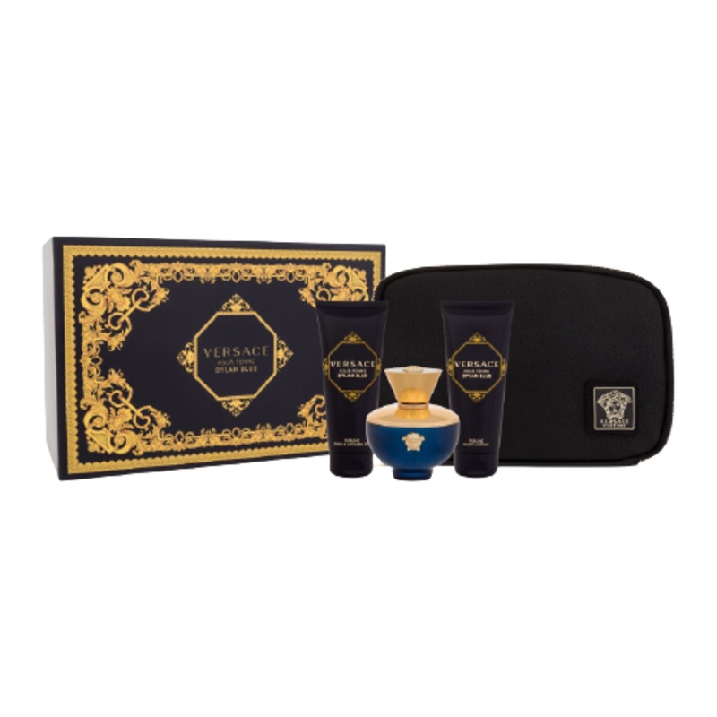 Versace Dylan Blue Pour Femme Holiday Set for Women (3.4 oz Eau de Parfum + 3.4 oz Sublime Body Lotion + 3.4 Sublime Bath & Shower Gel + Versace Black & Gold Travel Beauty Purse)