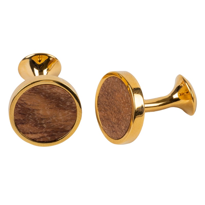 Golden Wood Inlay Brass Cufflinks  Timeless Natural Elegance